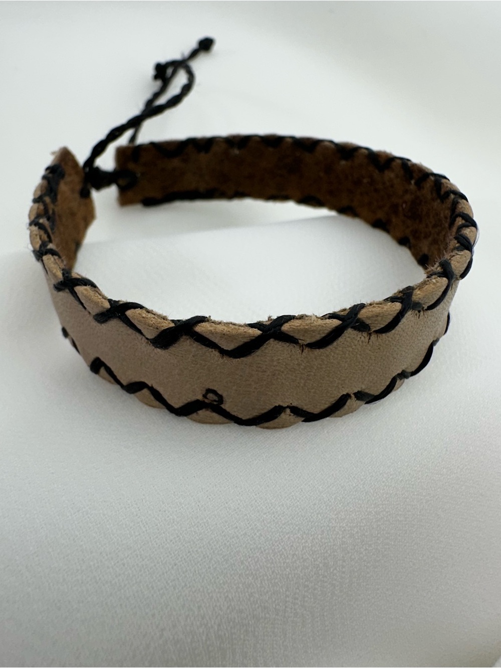 Handmade Tan Leather Unisex Bracelet Black Stitch Guatemala Adjustable